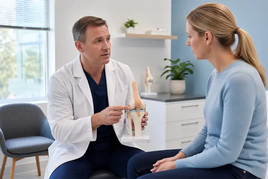 Orthopedic surgeon using a knee model to discuss treatment with a patient