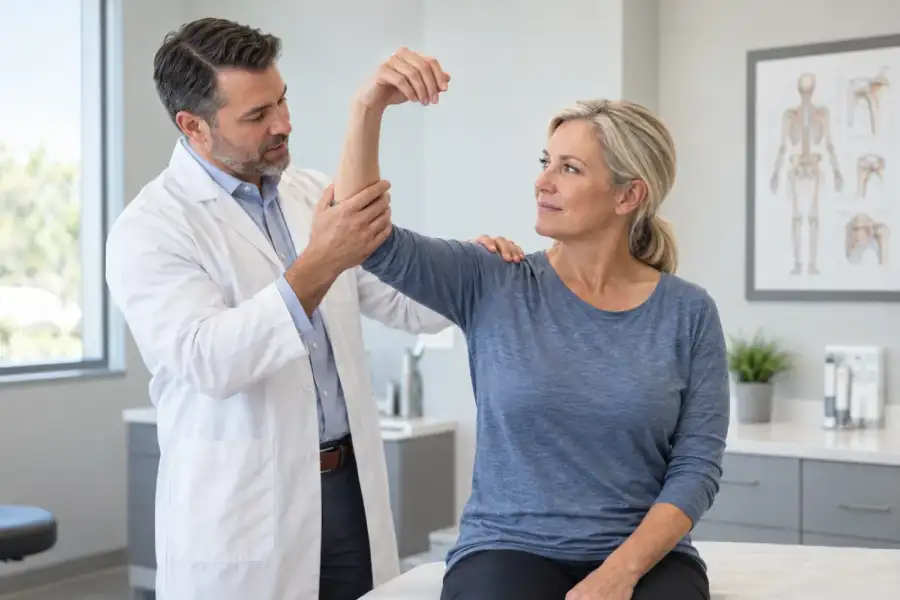 Orthopedic clinician evaluating an adult patient's shoulder