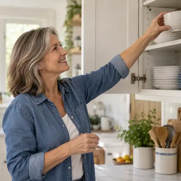 Adult reaching into a kitchen cabinet