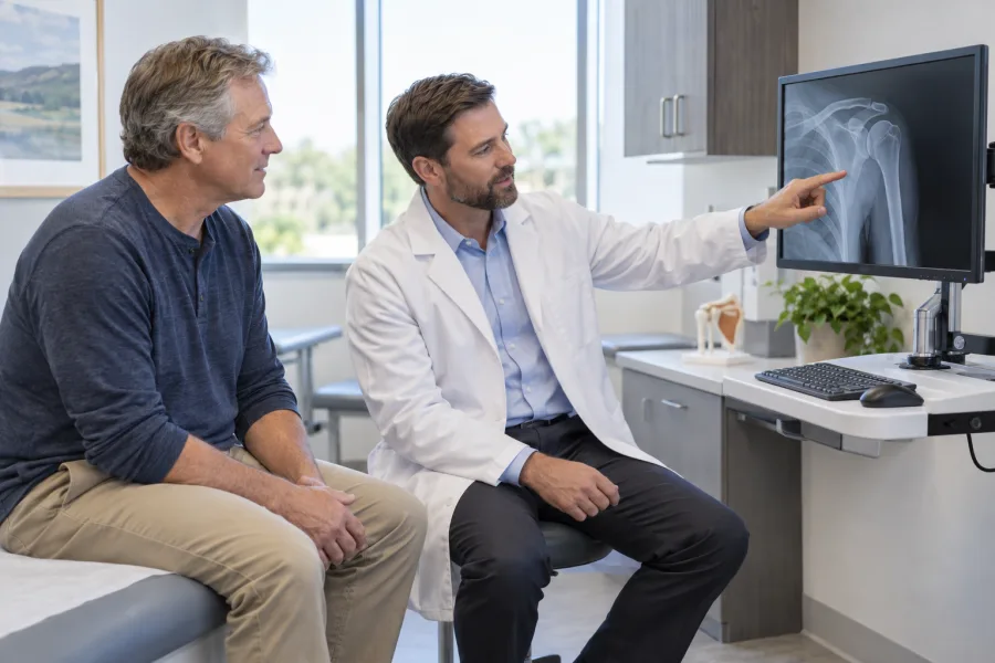 Orthopedic clinician reviewing a shoulder X-ray with a male patient