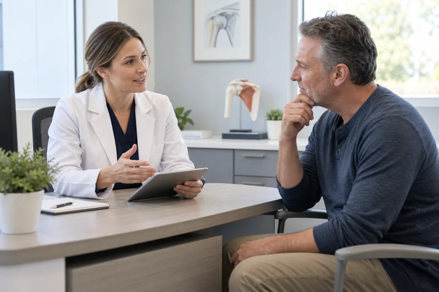 Clinician discussing a nonsurgical shoulder care plan with a patient