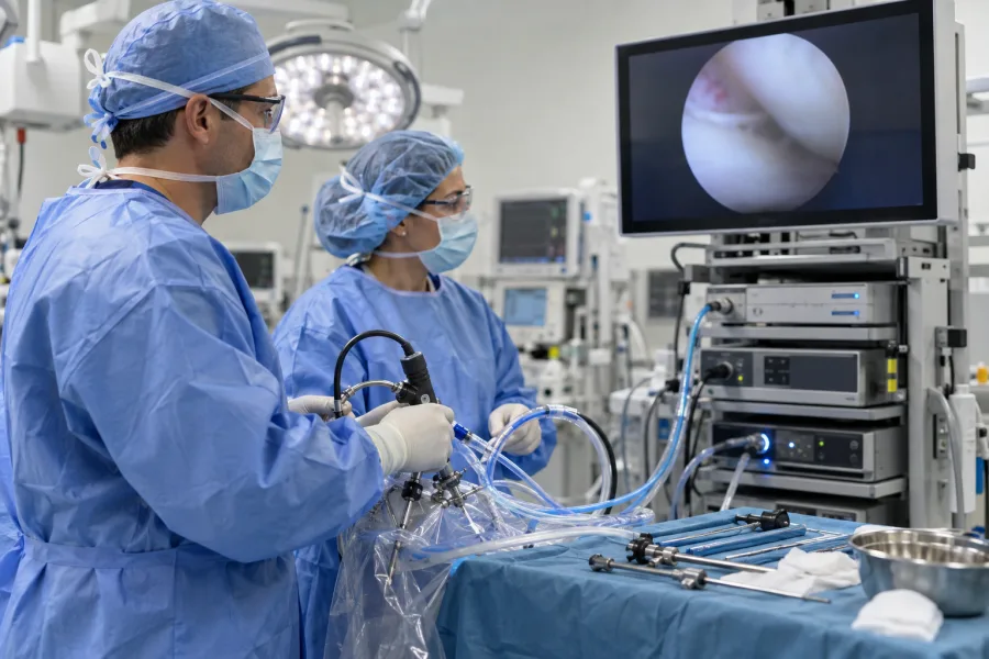 Surgical team using arthroscopy equipment in an operating room