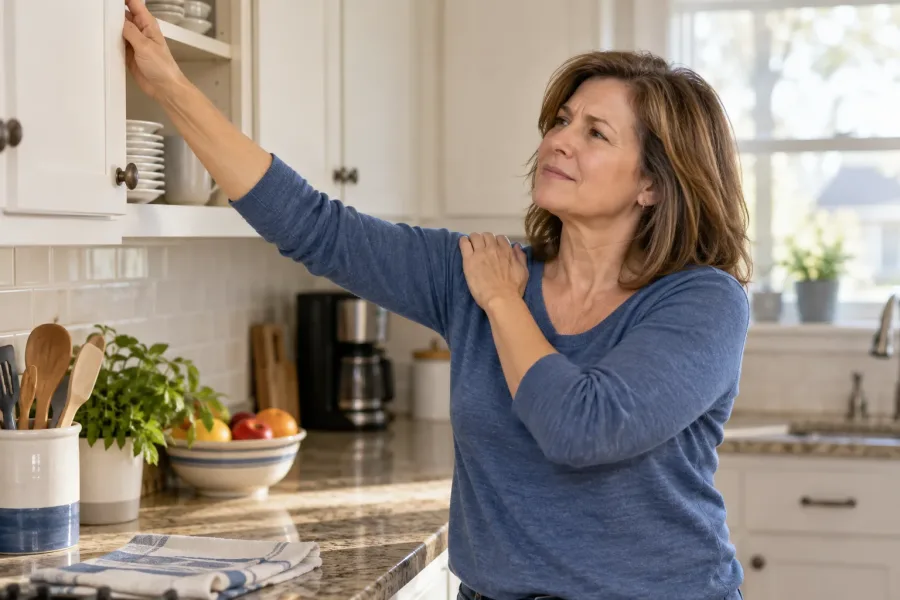 Adult noticing shoulder discomfort while reaching toward a kitchen shelf