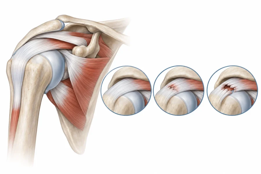 Illustration comparing an intact rotator cuff tendon with partial and full-thickness tears