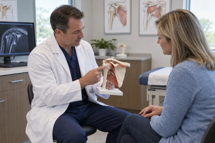 Orthopedic surgeon explaining rotator cuff repair with a shoulder model