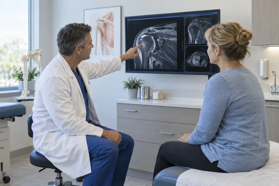 Orthopedic clinician reviewing shoulder imaging with a patient