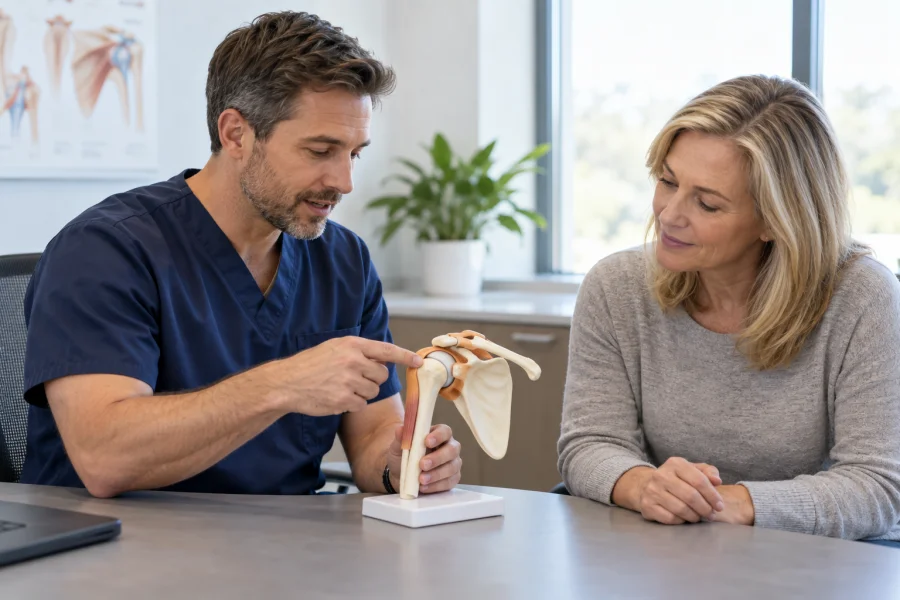 Clinician discussing a shoulder joint model with a patient.