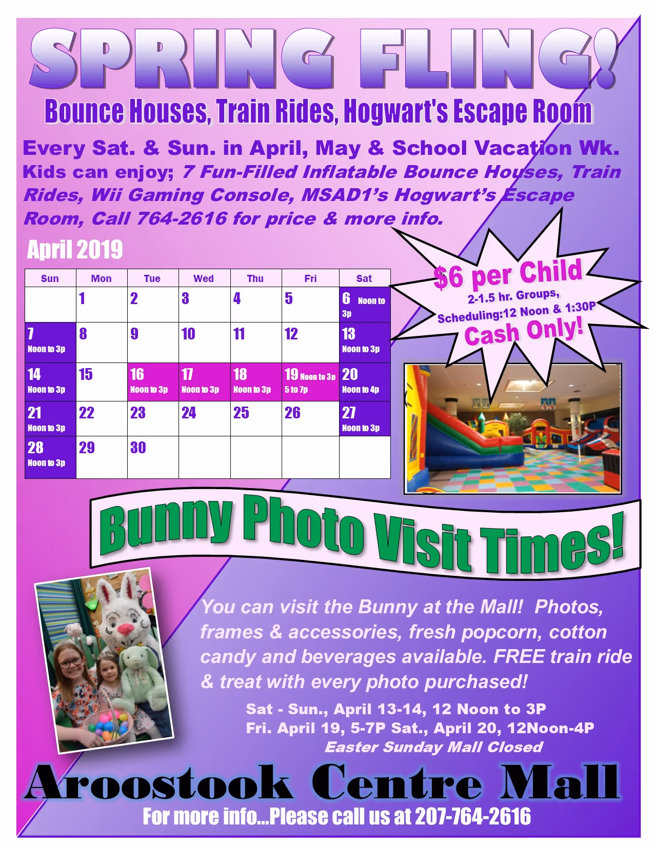 Aroostook Centre Mall information for Spring Fling with picture of a Bunny and Bounce House