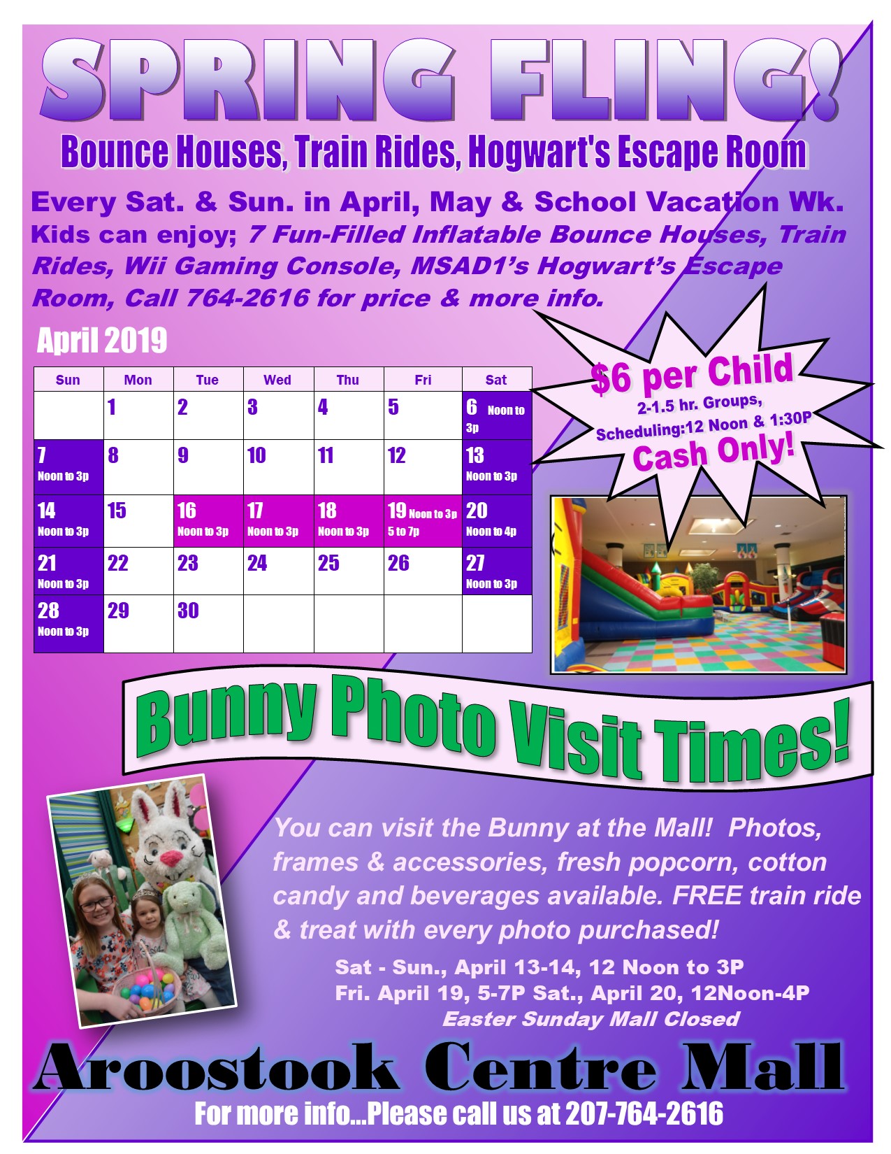 Aroostook Centre Mall information for Spring Fling with picture of a Bunny and Bounce House