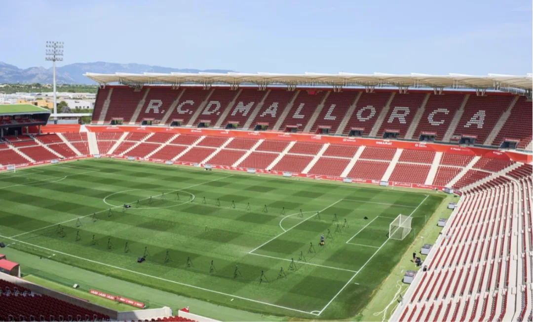 Aerial view of a football stadium and pitch