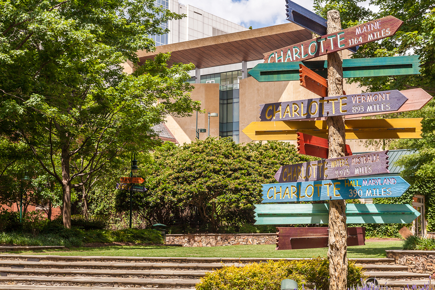 Charlotte arrow sign sculpture in Uptown