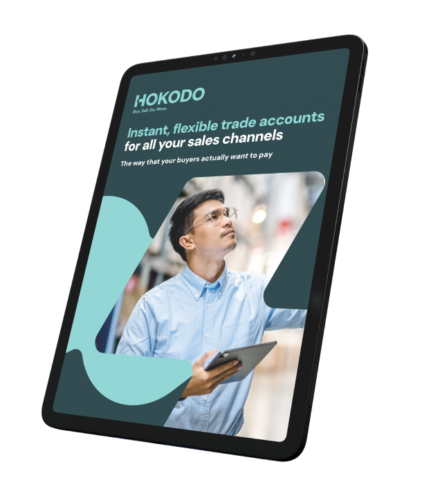Brochure mockup on a tablet screen with the title ‘Instant, flexible trade accounts for all your sales channels'