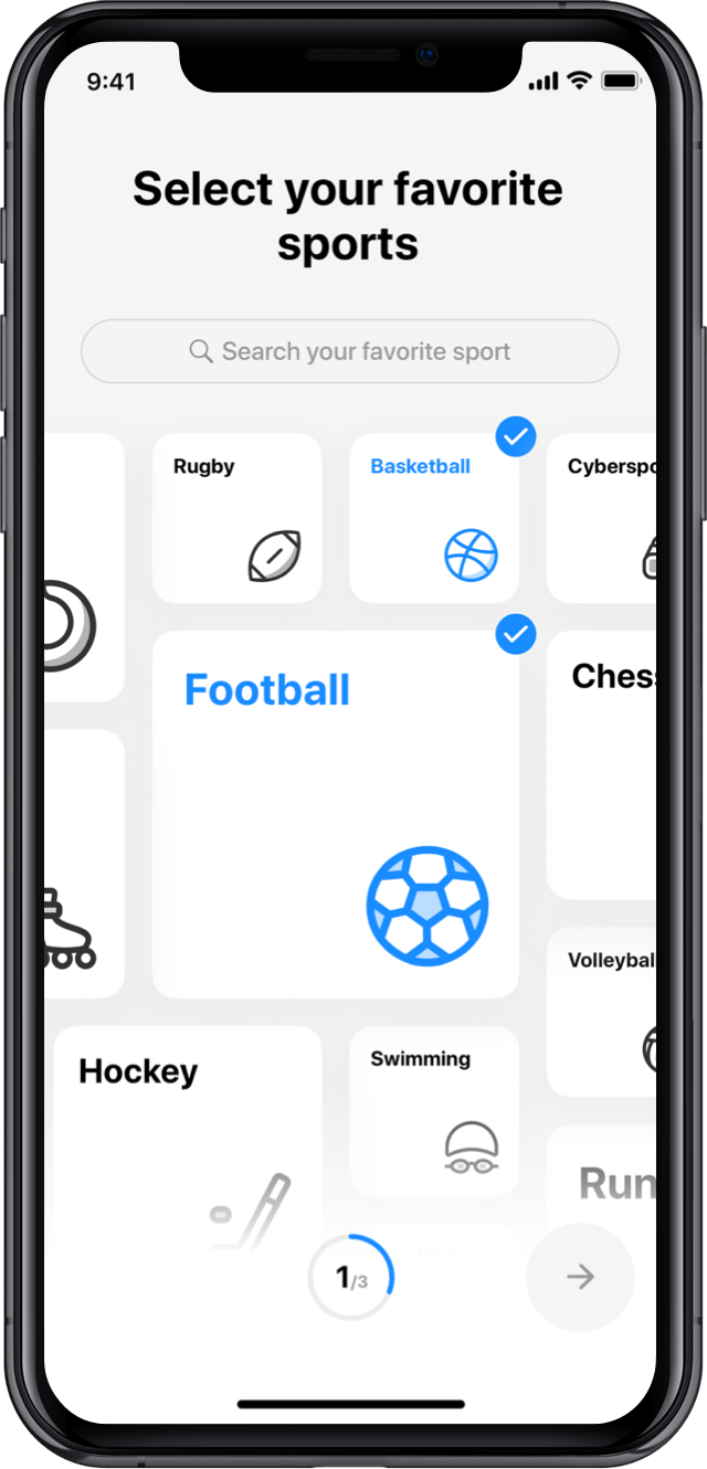 Iphone screen, rewind app, select your favourite sports