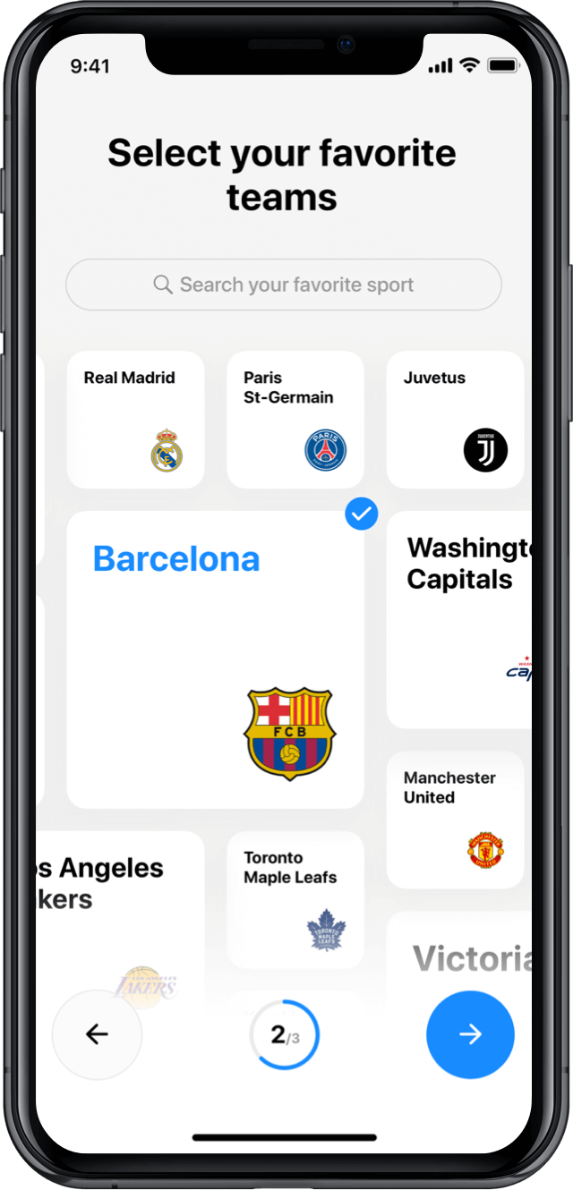 Iphone screen, rewind app, select your favourite teams