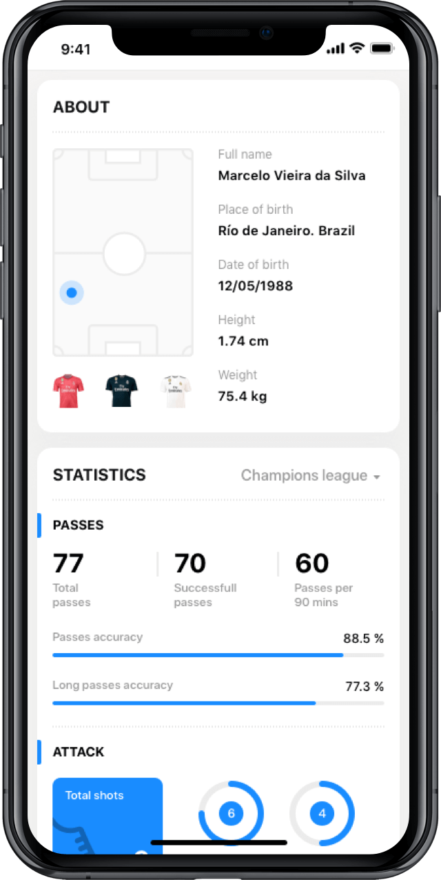 Iphone screen, rewind app, player profile