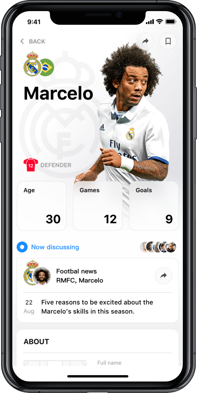 Iphone screen, rewind app, player profile, Marcelo Vieira da Silva 