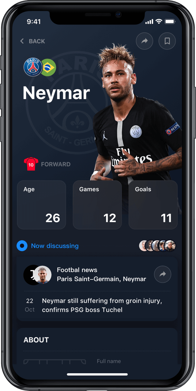 Iphone screen, rewind app, player profile, Neymar Junior