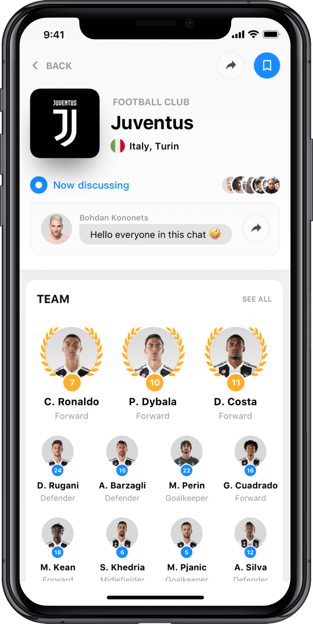 Iphone screen, rewind app, club profile, Juventus