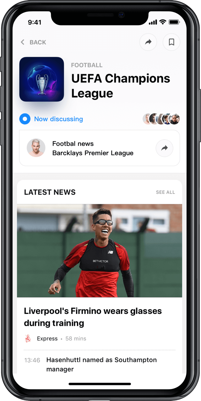 Iphone screen, rewind app, league profile, football league