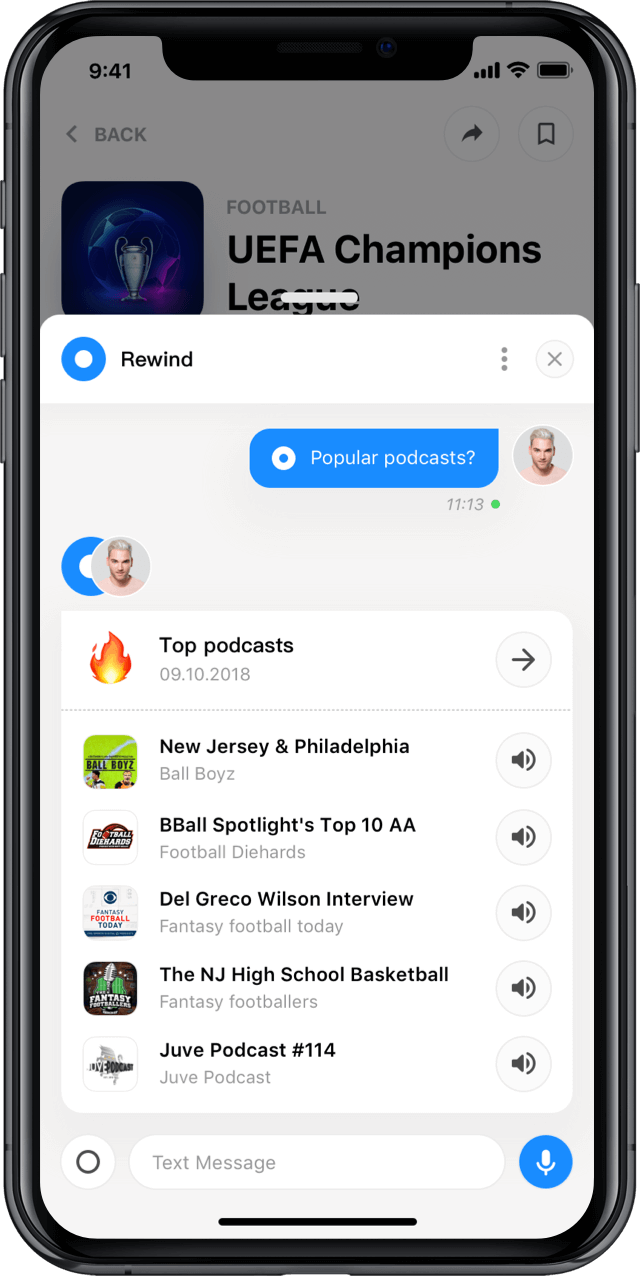 Iphone screen, rewind app, league profile, chat