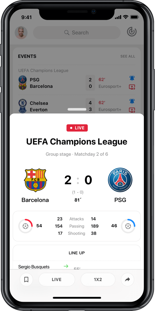 Iphone with live UEFA match statistics modal