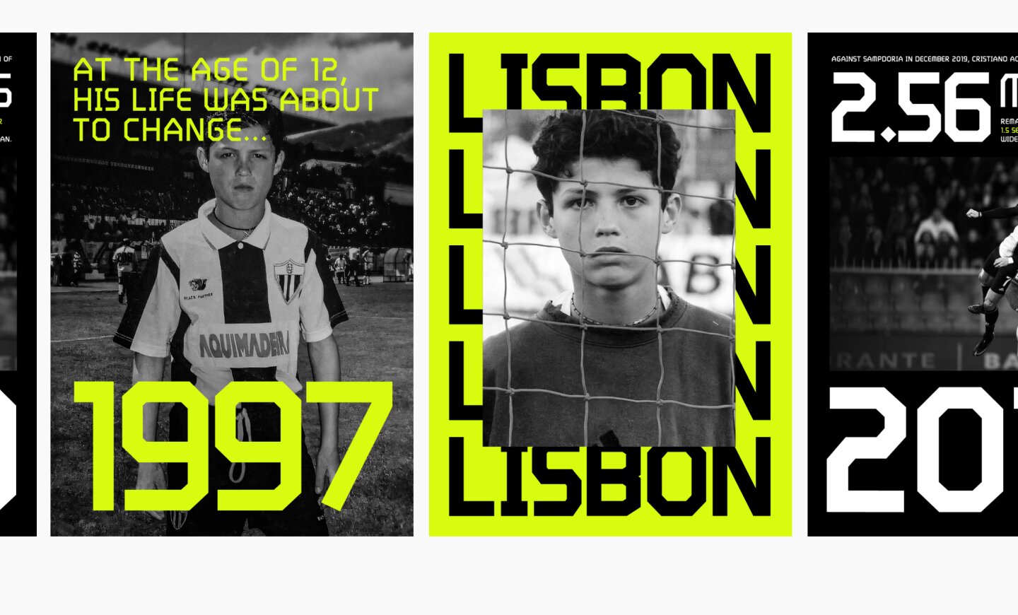 CR7 Life Museum — scrolling wall of career milestone panels charting Cristiano Ronaldo's life and record