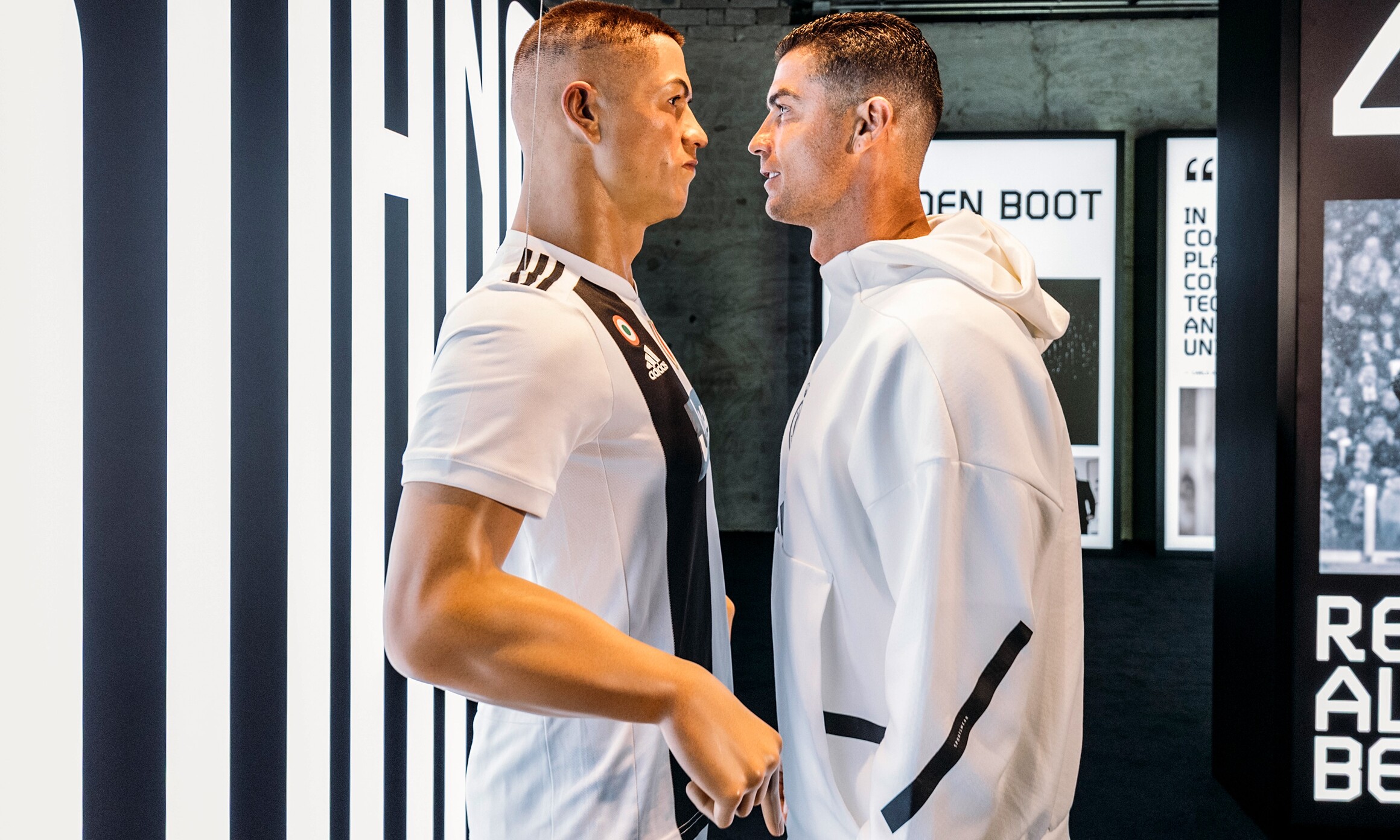 CR7 Life Museum — two Cristiano Ronaldo figures facing each other in the Juventus gallery