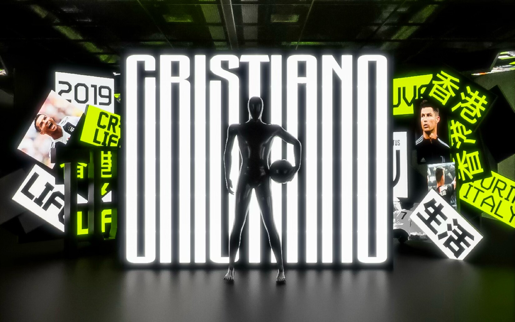 CR7 Life Museum — CRISTIANO illuminated letter installation with a figure holding a football