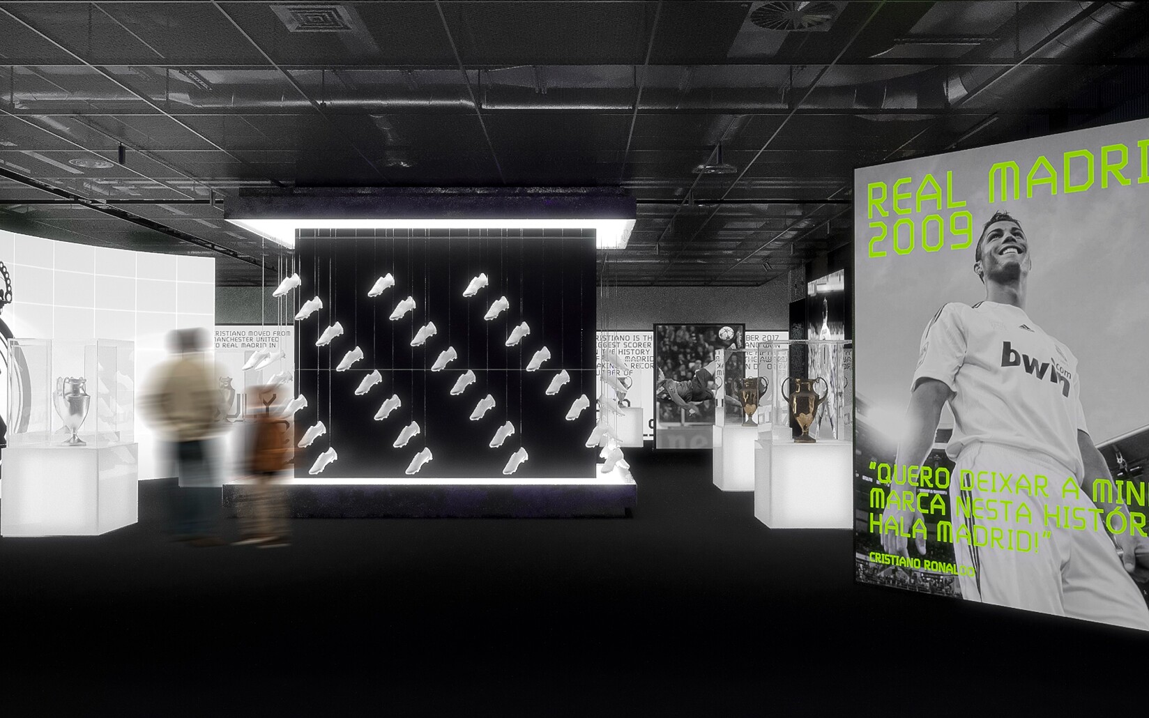 CR7 Life Museum — gallery render with the Real Madrid 2009 display wall