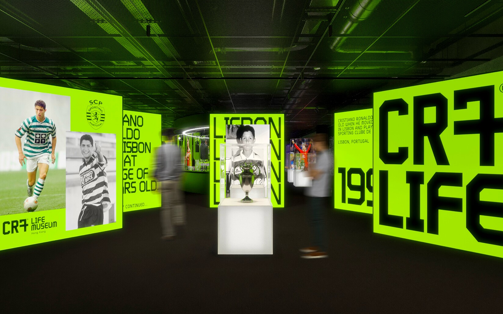 CR7 Life Museum — green corridor render with early-career panels and CR7 LIFE lettering
