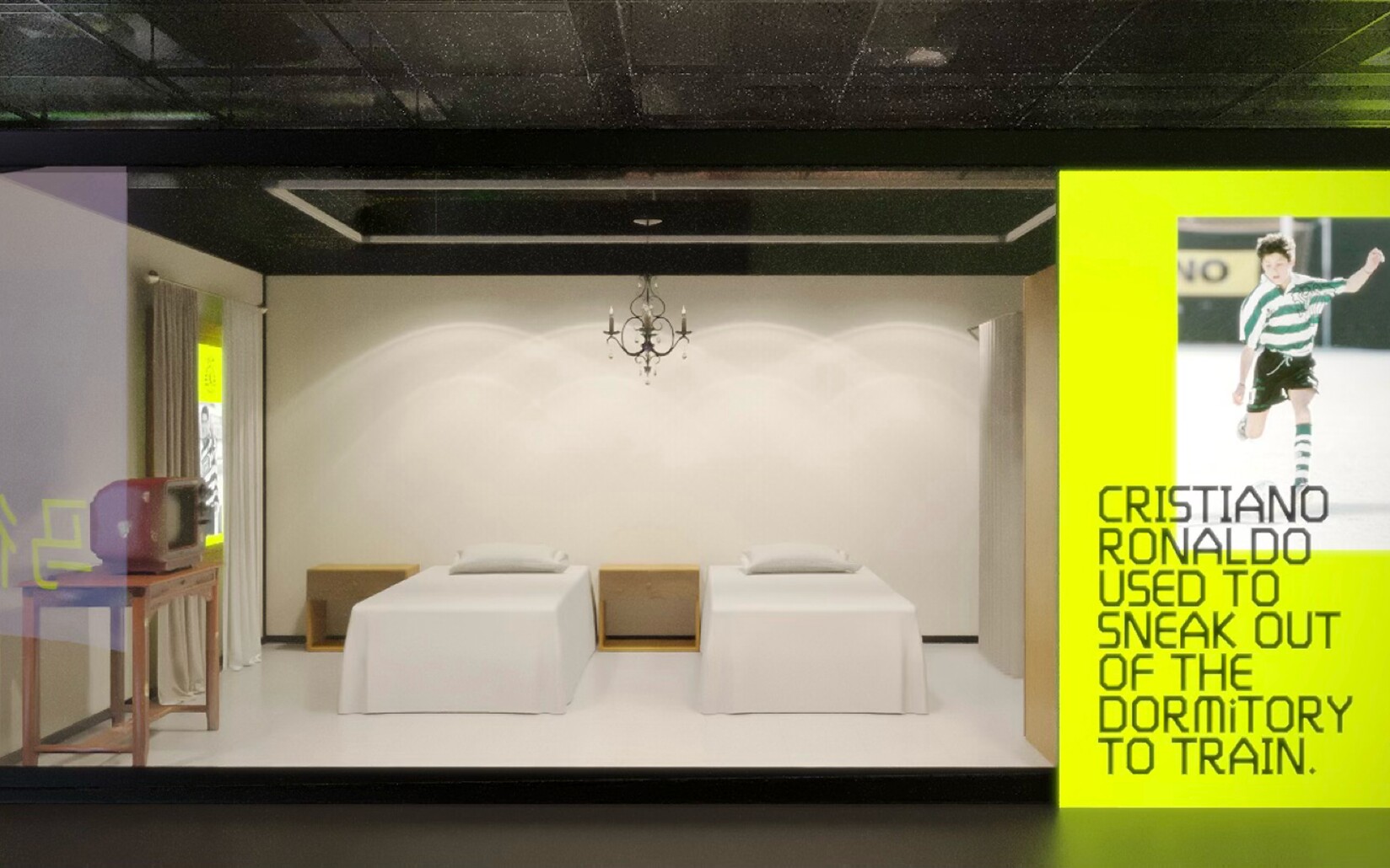 CR7 Life Museum — recreation of the academy dormitory with two beds