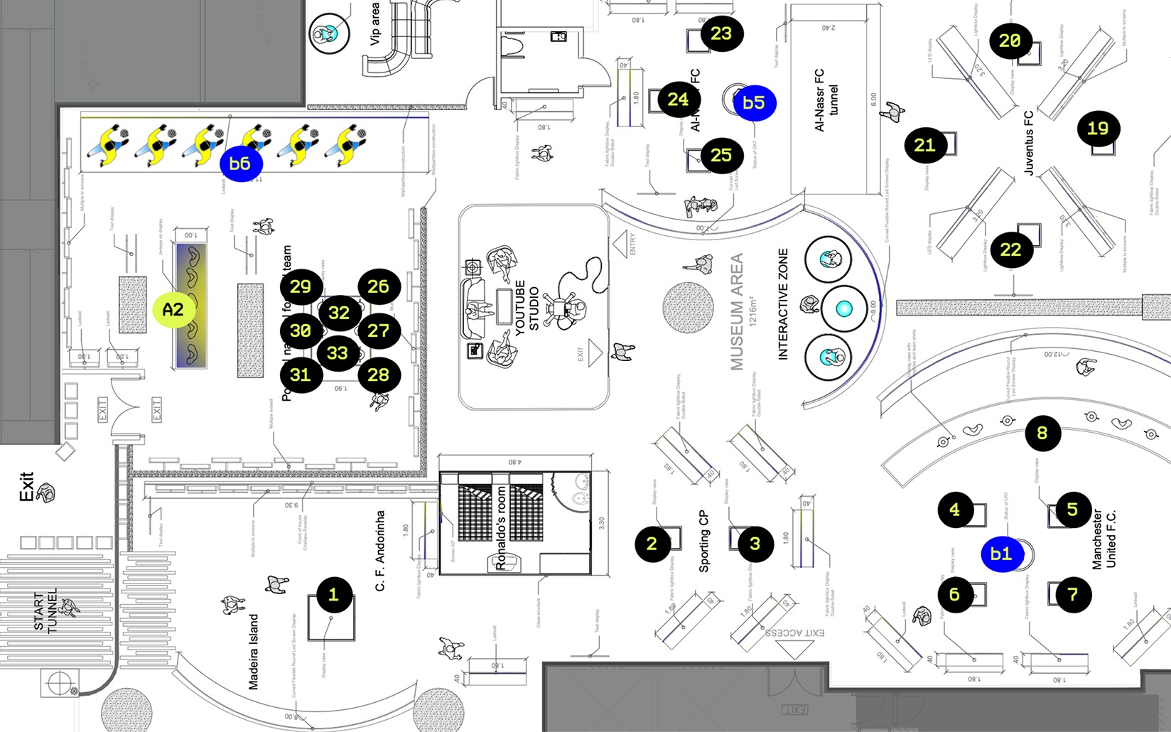 CR7 Life Museum — museum floor plan showing numbered exhibition zones