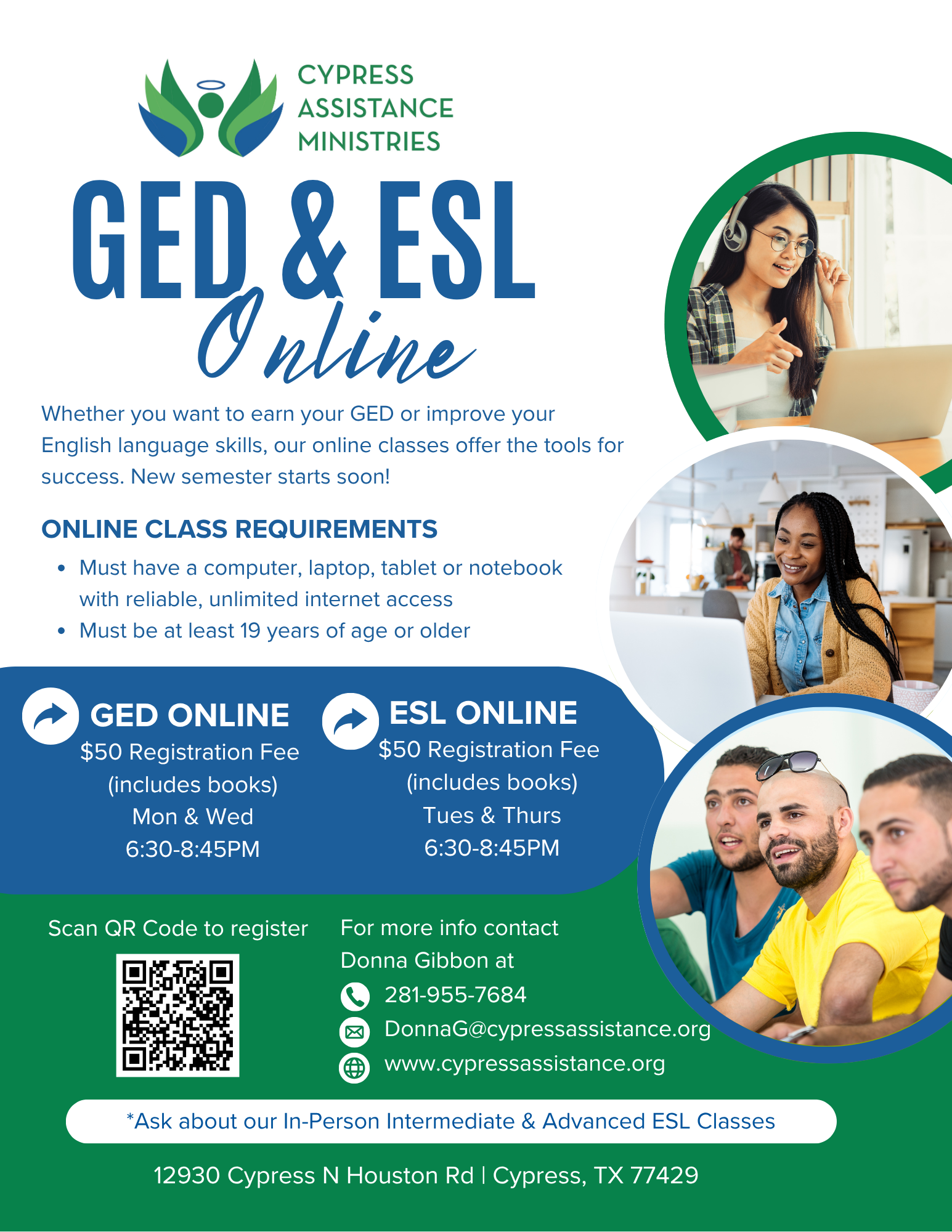 GED & ESL Program flyer with enrollment details
