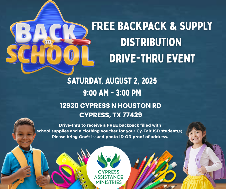 Flyer with details of the Backpack and school supplies distribution event from on 8/2/25 from 9AM - 3PM 