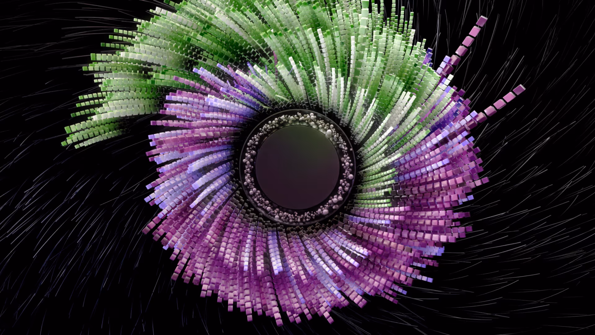 Abstract circular digital art with purple and green 3D rectangular blocks radiating from a dark center surrounded by small spheres.
