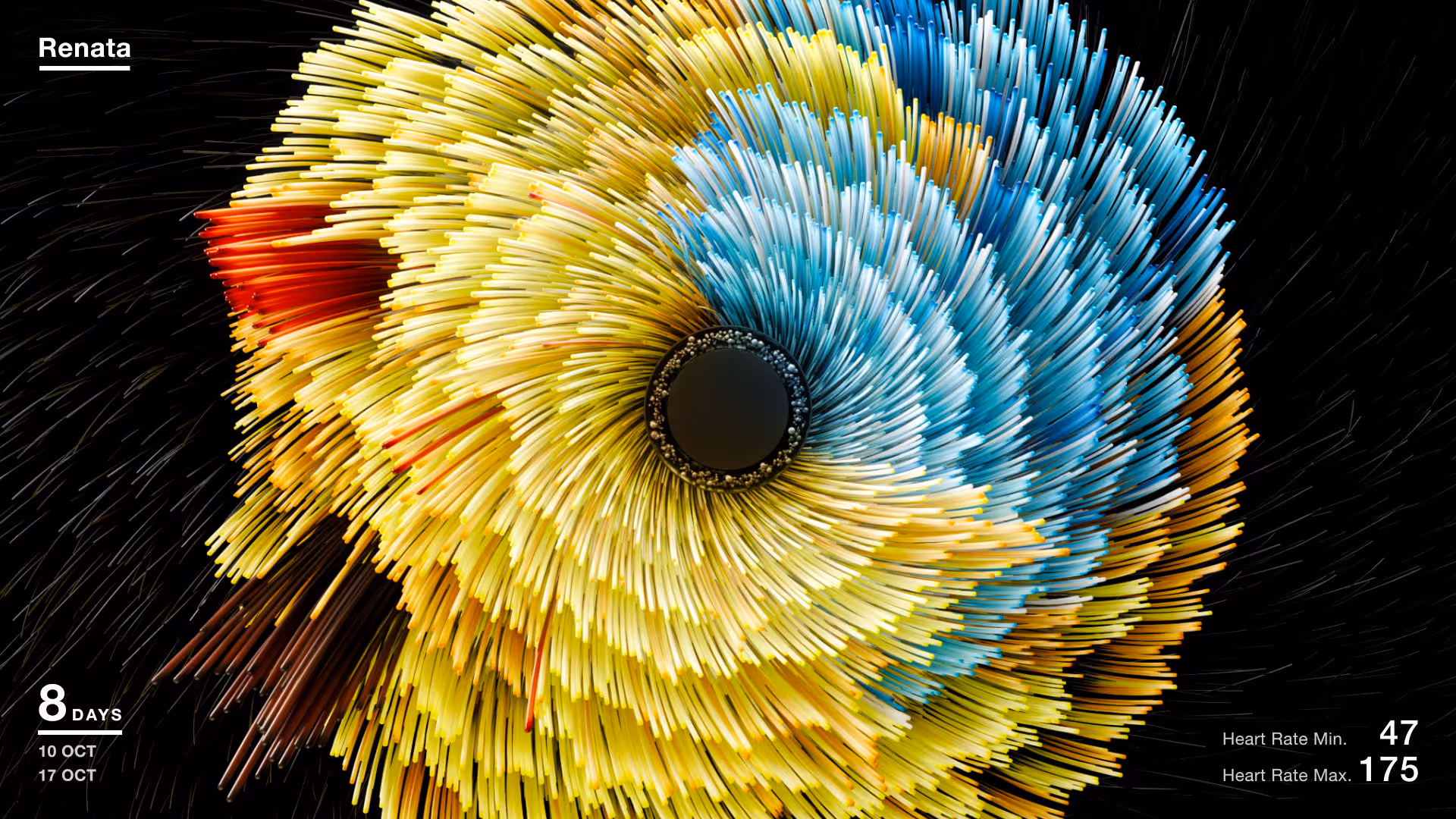 Colorful 3D abstract spiky circular shape with yellow, blue, and red strands on a black background with date and heart rate statistics.