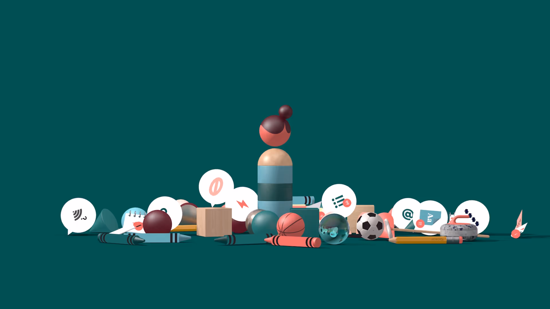 3D illustration of a stacked wooden figure with a bun hairstyle surrounded by various educational and sports objects including crayons, soccer ball, basketball, pencil, and speech bubbles with icons on a dark green background.
