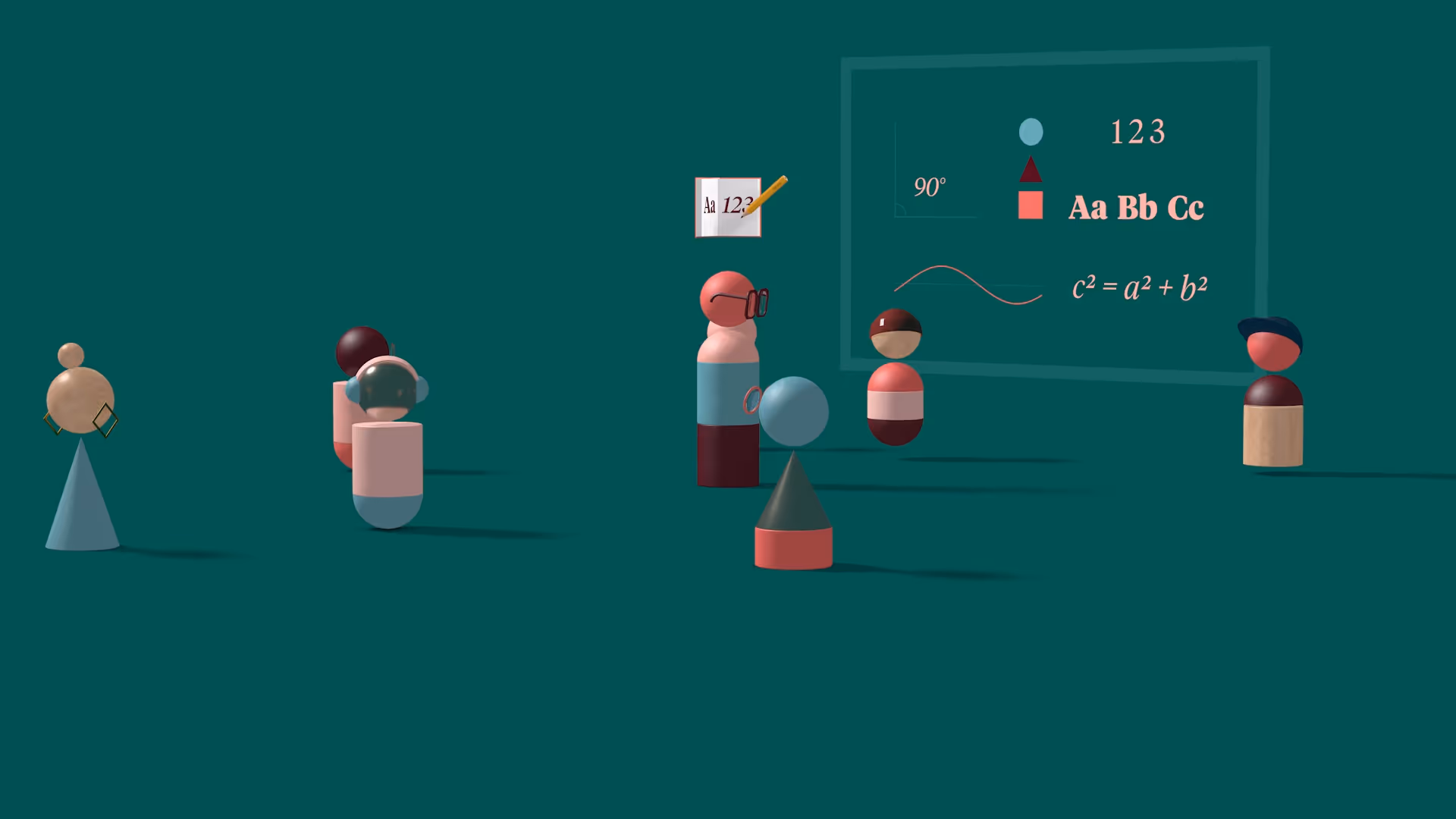 Abstract geometric figures resembling students in a classroom with a chalkboard showing math and typography symbols on a dark green background.