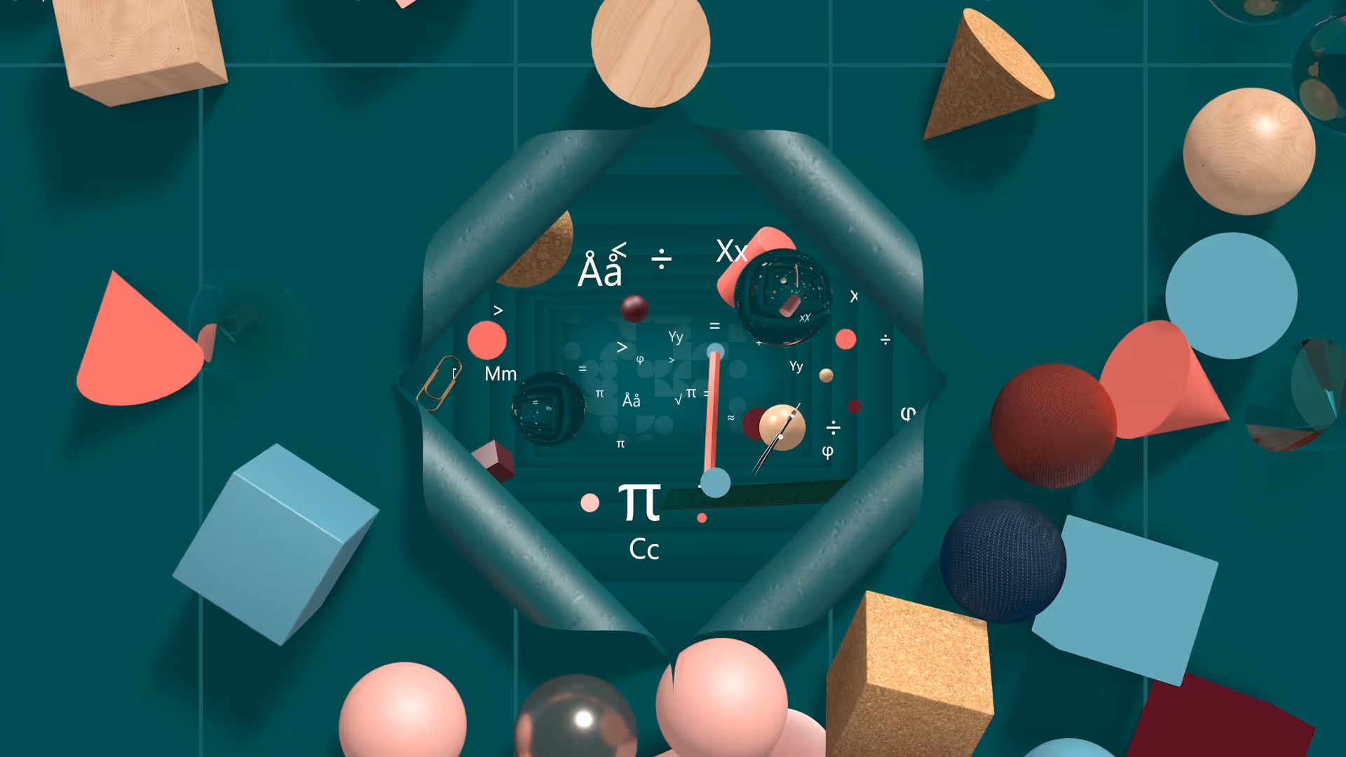 3D geometric shapes floating around a torn teal paper center revealing math symbols and letters with a repeating tunnel effect.