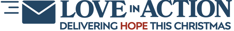 Logo with an envelope icon next to the text 'LOVE IN ACTION DELIVERING HOPE THIS CHRISTMAS' with the word 'HOPE' highlighted in red.