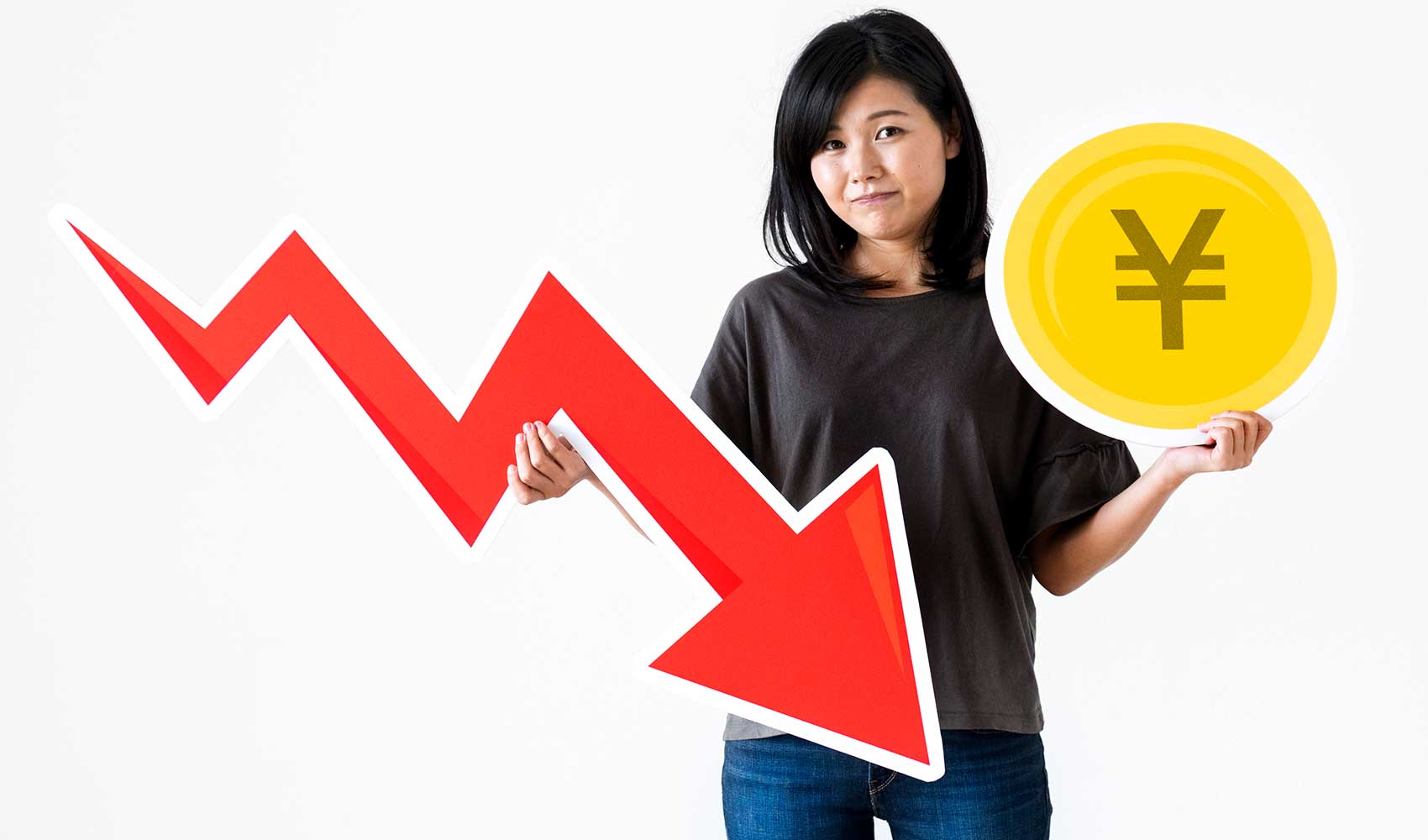 asian woman holding a currency and an drop arrow