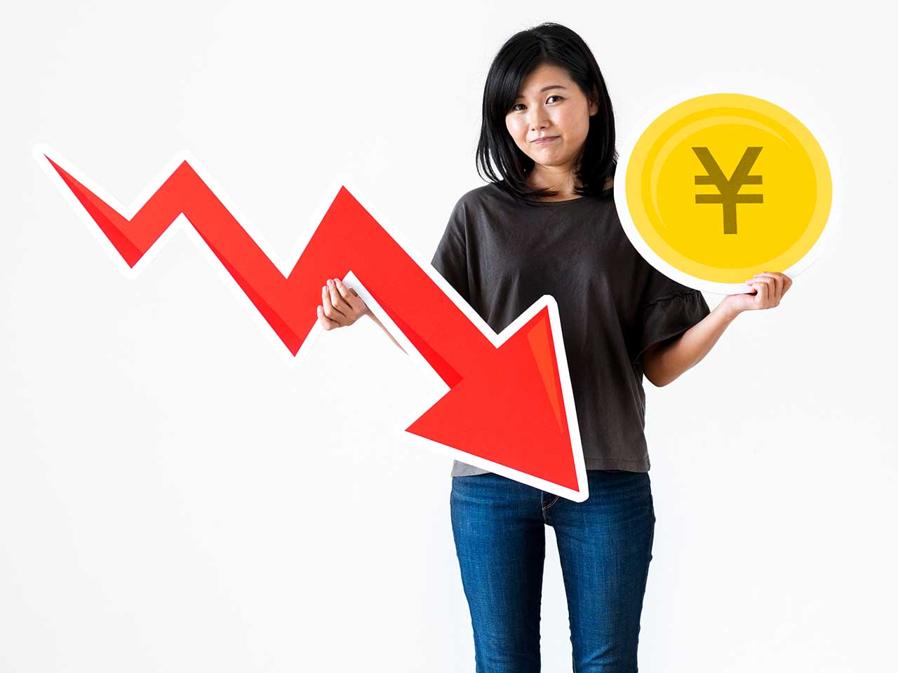 asian woman holding a currency and an drop arrow