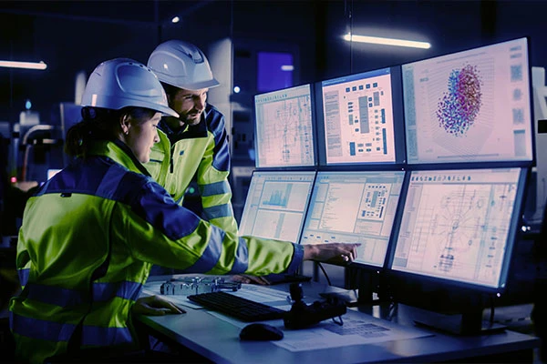 Two engineers with uniform focusing on computer screens