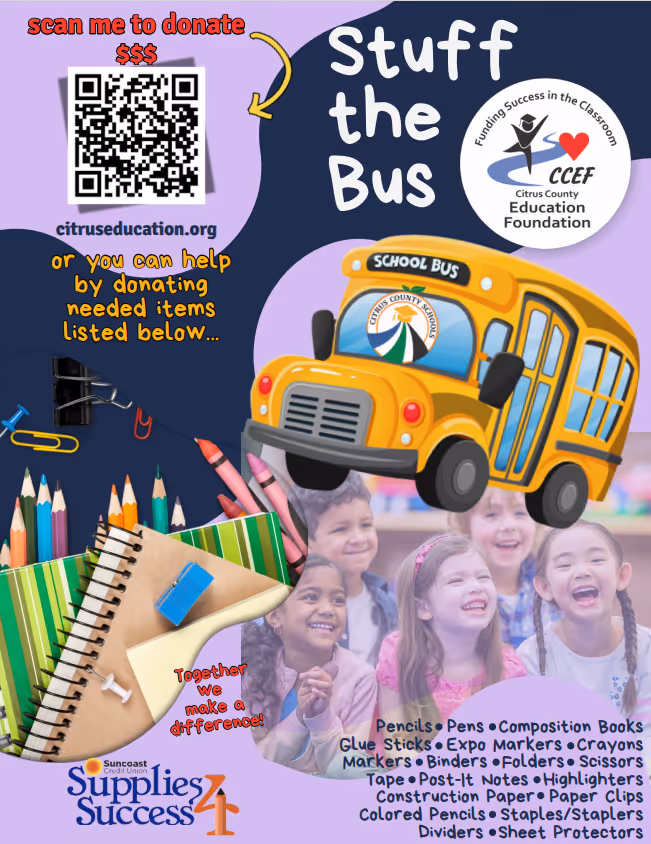 Stuff the bus logo with a school bus and school supplies surrounding it