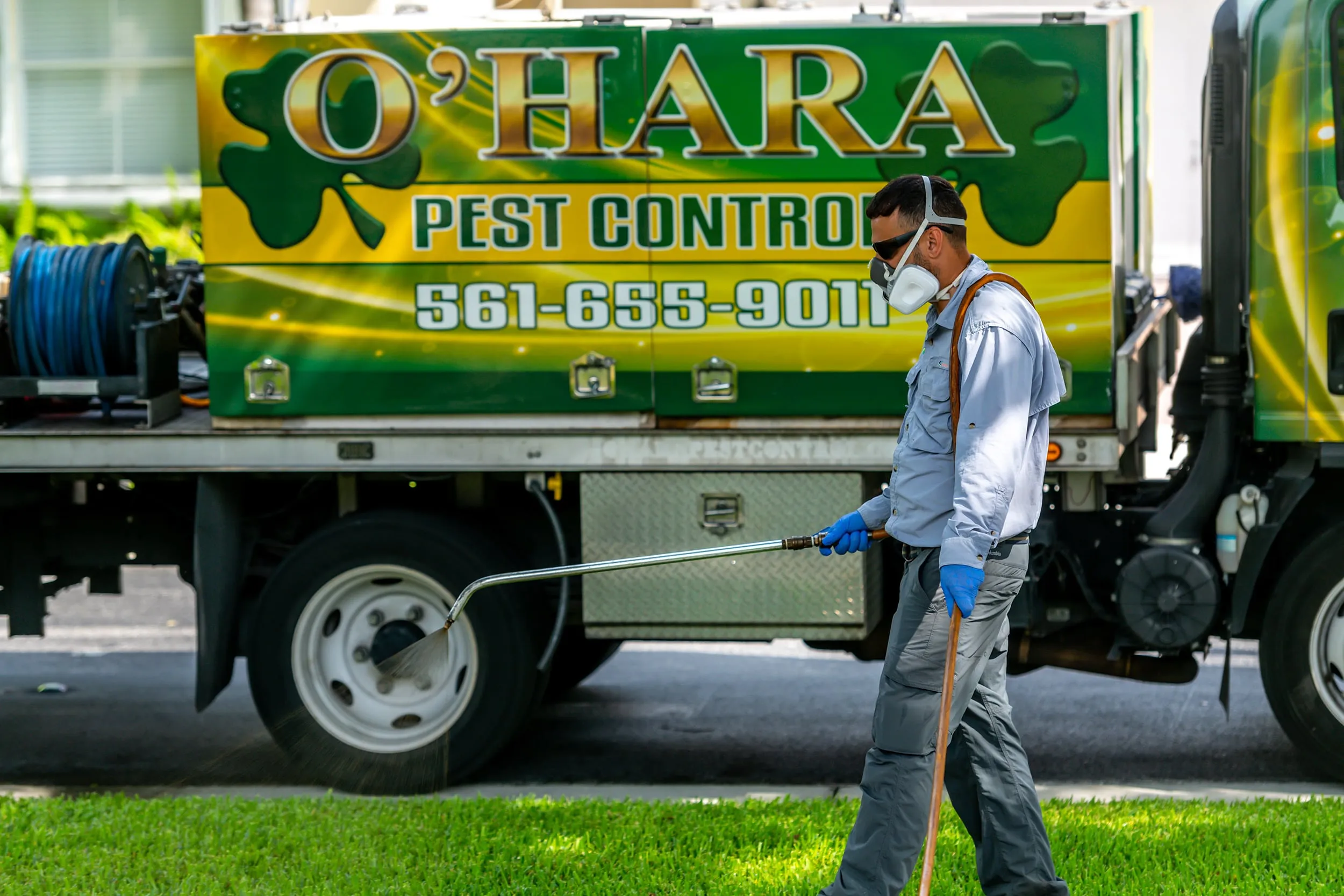 man spraying the front yard