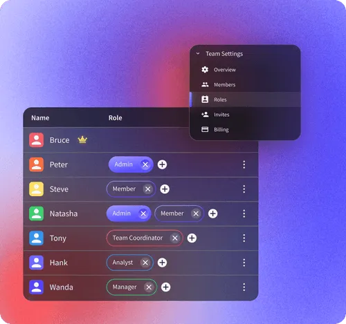 Team management and role assignment interface in Insights.gg VOD review software showing member permissions and settings.