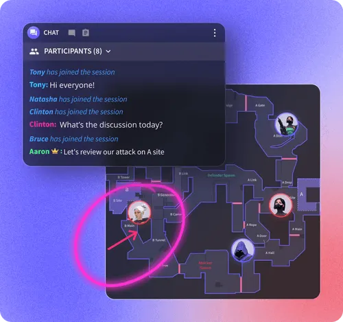 Team chat and tactical map review shown in Insights.gg VOD review software for coordinated esports gameplay analysis.