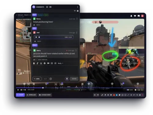 Esports players reviewing Valorant gameplay using Insights.gg VOD review software with annotations, time markers, and team feedback tools.