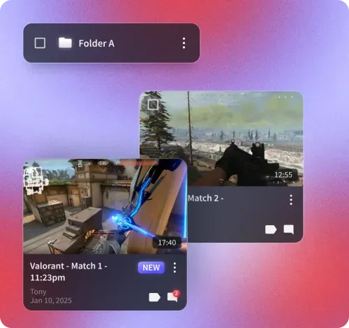 Gameplay folders and match recordings organized in Insights.gg VOD review software interface for efficient esports video management.