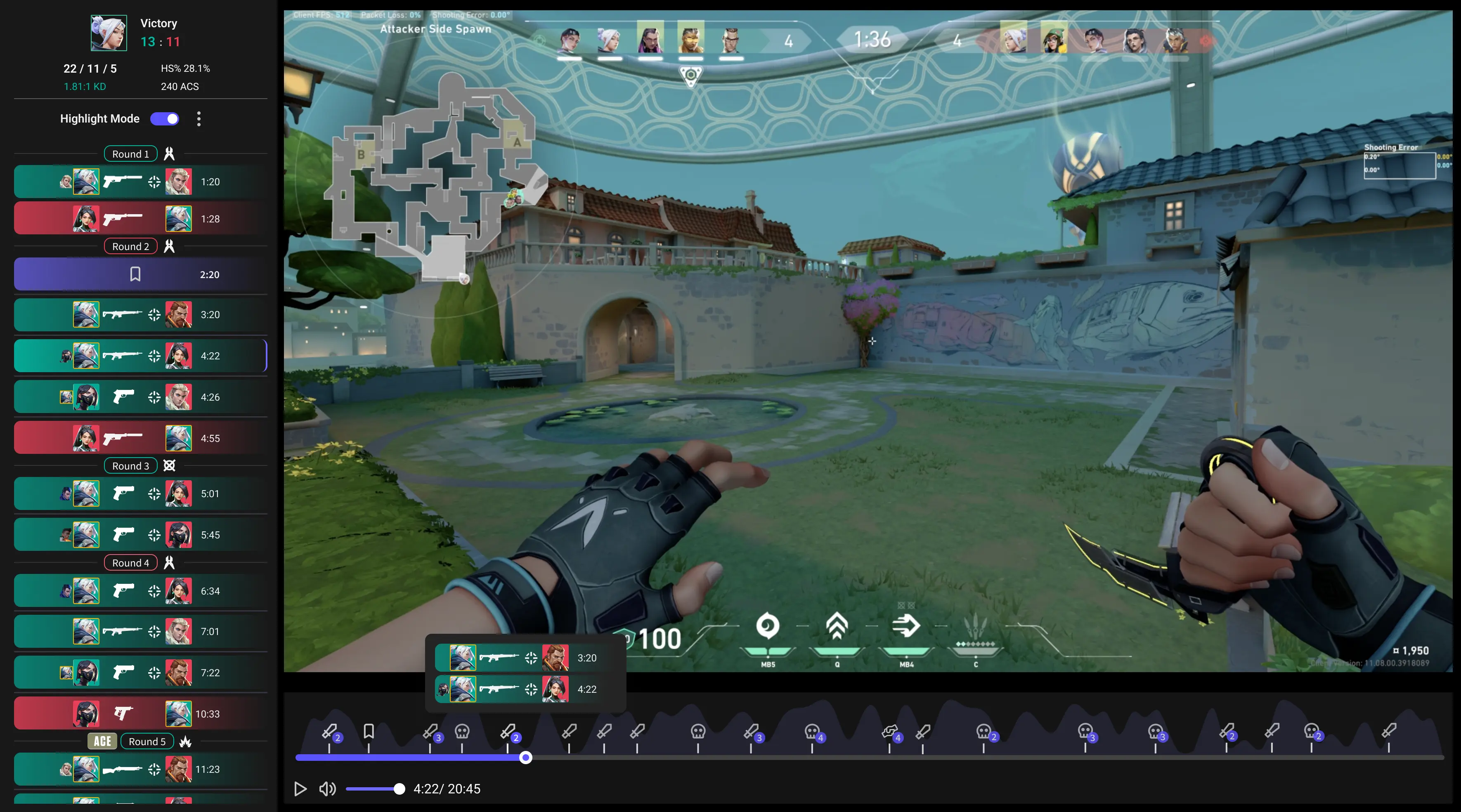 Gameplay recording interface of Insights Capture game recorder showing Valorant gameplay, timestamped comments, instant replay controls, and editing options.